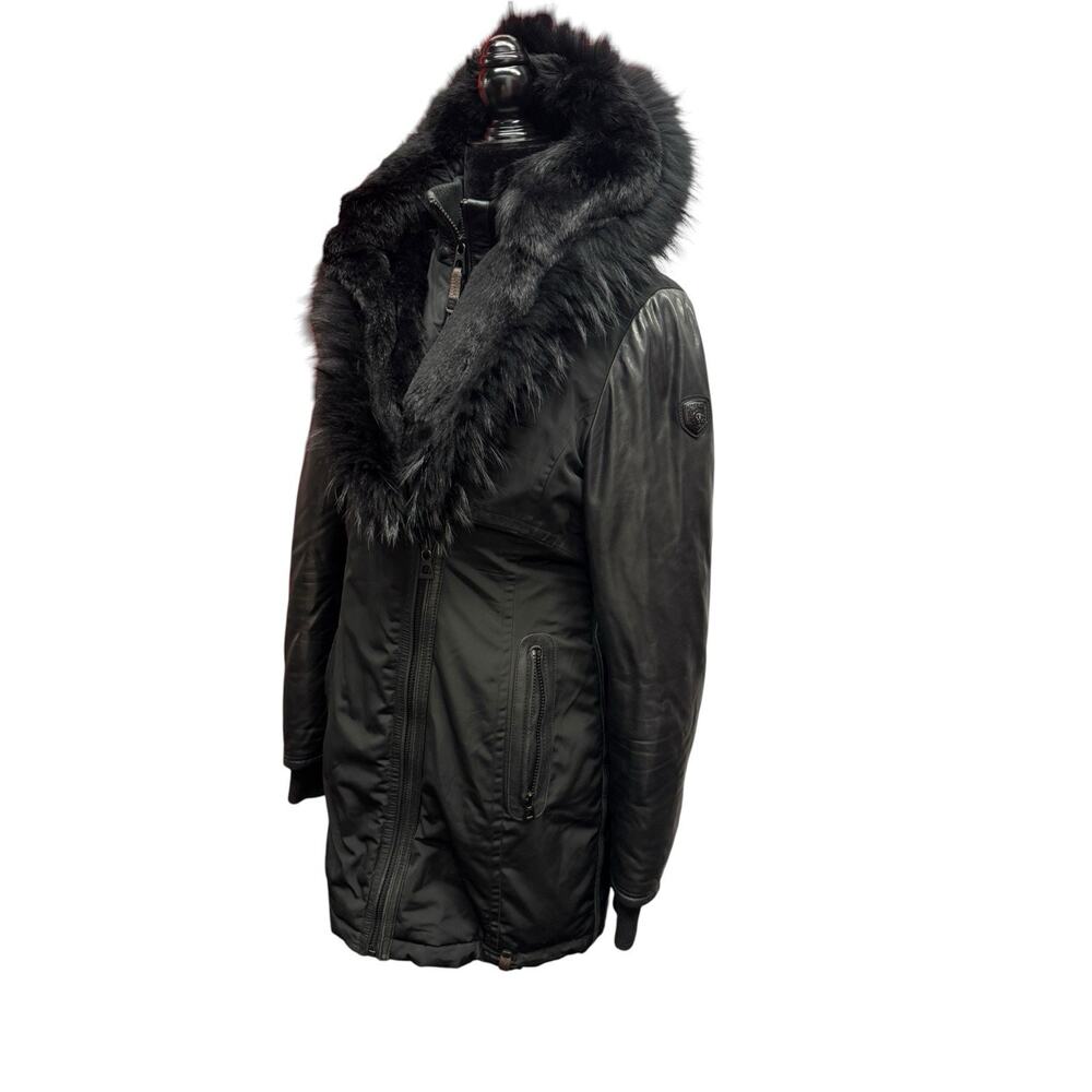 RUDSAK Grace Black Down Puffer Coat M Genuine Leather Sleeves Real Fur Parka - Picture 3 of 15